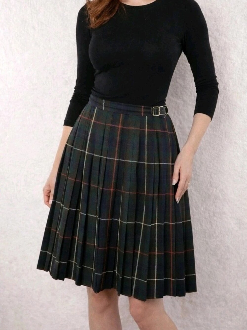 Vintage 80s Burberrys Wool Tartan Kilt Skirt Green Plaid Women's Size 12